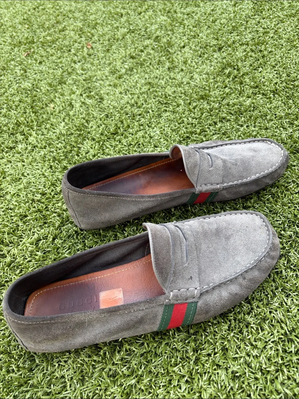 Gucci gray suede driving loafers